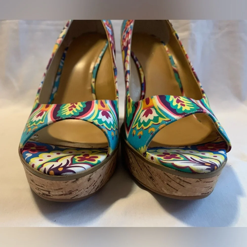 Vibrant Multicolor Floral Print Cork Wedge Heels